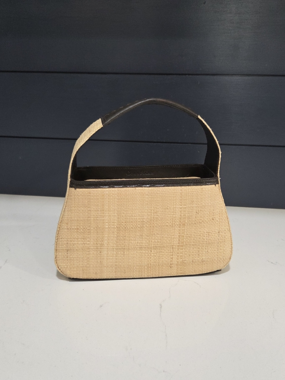 Cole Haan Woven Straw Top-Handle Bag in Natural With Strawberry Print Lining Y2k